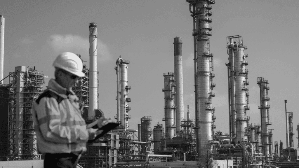 A petrochemical plant worker inspecting equipment at a refinery, ensuring safety and operational efficiency.