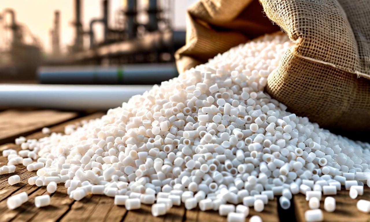 S-PVC resin bags stacked on a pallet with QC certificates in the foreground, showing product quality and export readiness