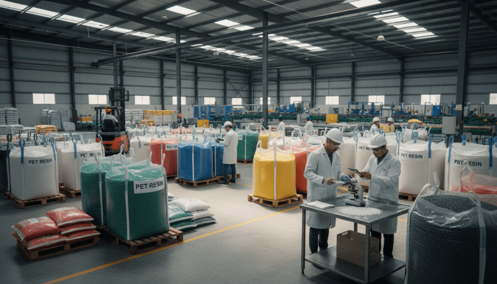 Stockpiled PET resin bags in a warehouse, illustrating material availability for production planning.