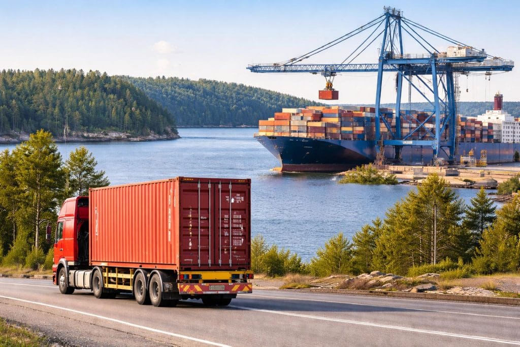 Shipping containers being loaded onto a cargo vessel, representing global logistics for industrial chemicals.
