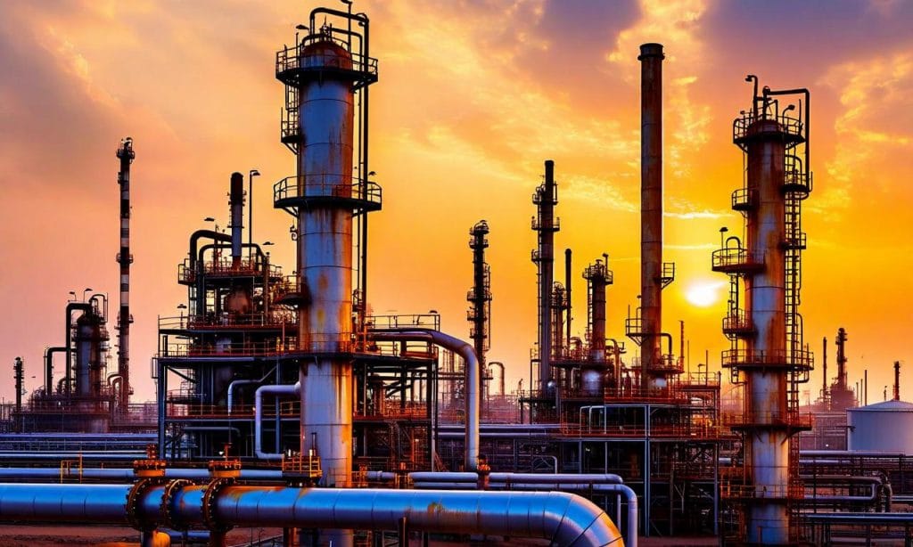 An aerial view of an industrial oil refinery complex, illustrating the large-scale operations involved in processing crude oil before toluene production.