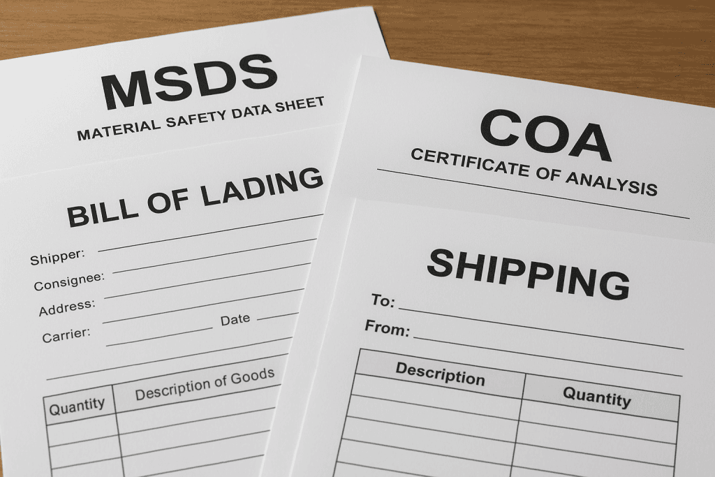 Close-up of various international shipping documents, including a Bill of Lading.