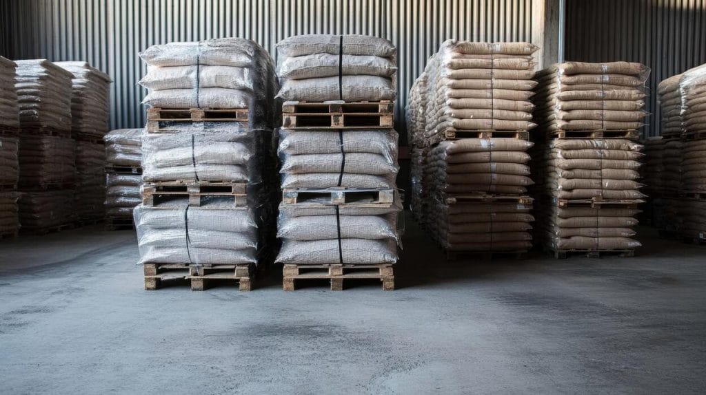 Pallets of bagged Mea product stacked in a warehouse.