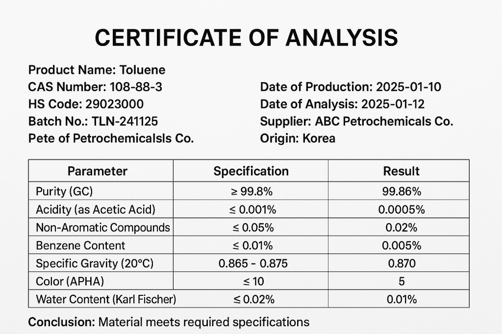 Close-up view of essential trade documents for industrial toluene, including a Certificate of Analysis (CoA) and Material Safety Data Sheet (MSDS), highlighting diligence in the supply chain.